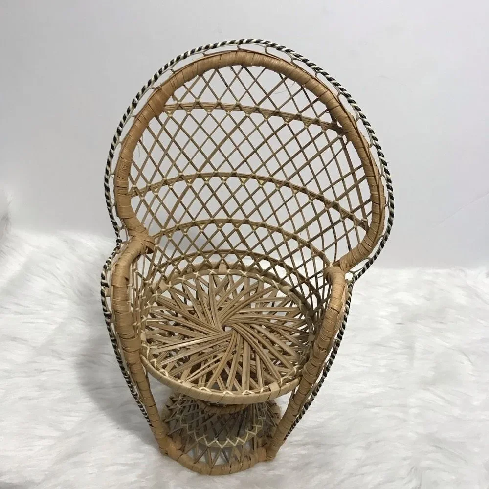 Mini‎ Papasan Boho Doll Chair Whicker Peacock Fan Back Rattan Chair Plant Stand